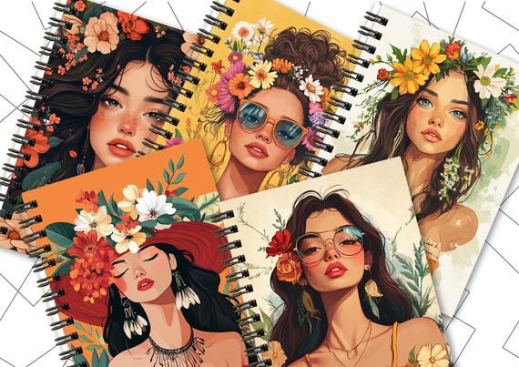 Boho Girls Notizbuch A5 Spiralbindung – 150 Seiten – Hardcover oder Softcover Matt – Geschenk für Frauen & Mädchen
