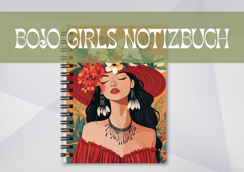 May include: Spiral-bound notebook with a vibrant illustration of a woman wearing a red hat and dress, adorned with floral accents and jewelry. The text "BOJO GIRLS NOTIZBUCH" is displayed at the top. The notebook has a colorful design with an orange background.