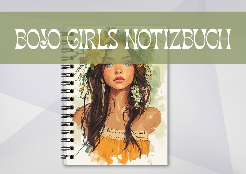May include: Spiral-bound notebook featuring an illustration of a woman with long brown hair, blue eyes, and a floral crown. The notebook cover has the text "BOJO GIRLS NOTIZBUCH" in white. The woman is wearing a yellow top.