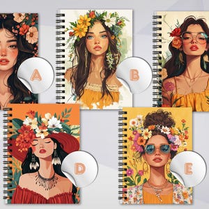 May include: Spiral-bound notebooks featuring illustrations of women adorned with flowers. Each notebook has a different woman with floral headpieces and colorful backgrounds. The notebooks are labeled A, B, C, D, and E.