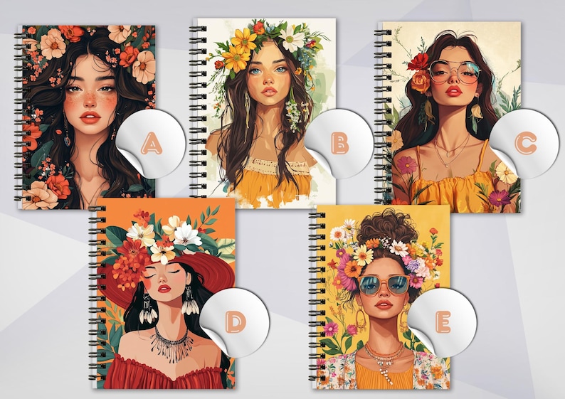 May include: Spiral-bound notebooks featuring illustrations of women adorned with flowers. Each notebook has a different woman with floral headpieces and colorful backgrounds. The notebooks are labeled A, B, C, D, and E.