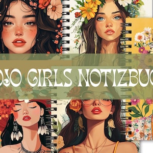 May include: Spiral-bound notebooks featuring illustrations of women with floral headpieces. The notebooks have the text "BOJO GIRLS NOTIZBUCH" across the center. The covers have a variety of colors, including yellow, orange, and green.