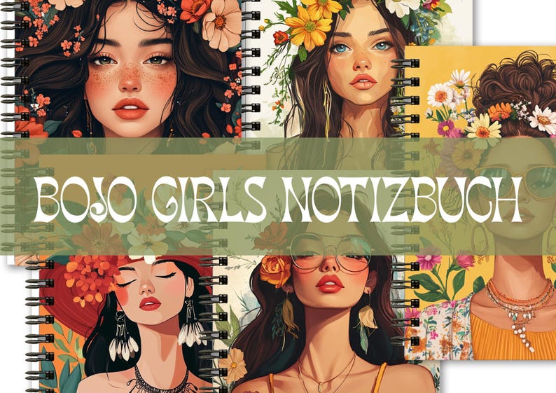 May include: Spiral-bound notebooks featuring illustrations of women with floral headpieces. The notebooks have the text "BOJO GIRLS NOTIZBUCH" across the center. The covers have a variety of colors, including yellow, orange, and green.
