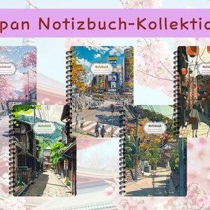 May include: A collection of five spiral-bound notebooks featuring diverse Japanese landscape illustrations, including cherry blossoms, city streets, and traditional alleyways. Each notebook cover displays the word Notebook in a central label.