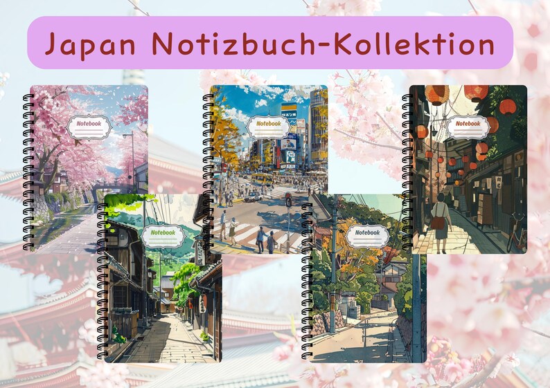 May include: A collection of five spiral-bound notebooks featuring diverse Japanese landscape illustrations, including cherry blossoms, city streets, and traditional alleyways. Each notebook cover displays the word Notebook in a central label.