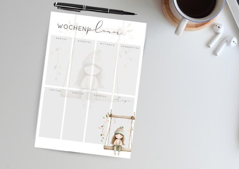 May include: A weekly planner with a soft, neutral color palette. The design features a whimsical illustration of a girl on a swing, with floral accents. The planner includes sections for each day of the week, with the word "Wochenplaner" at the top.