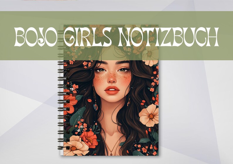 May include: Spiral-bound notebook with the text "BOJO GIRLS NOTIZBUCH" at the top. The cover features a portrait of a woman with long, dark hair adorned with flowers. The woman has red lips and freckles. The notebook has a white background.