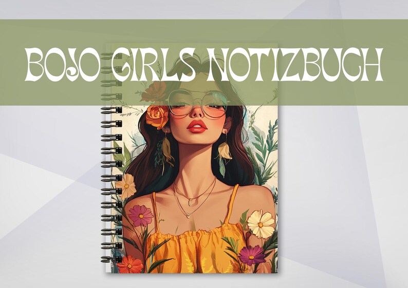 May include: Spiral-bound notebook with a colorful illustration of a woman wearing sunglasses and a yellow dress, surrounded by flowers. The notebook cover has the text "BOJO GIRLS NOTIZBUCH" in white.