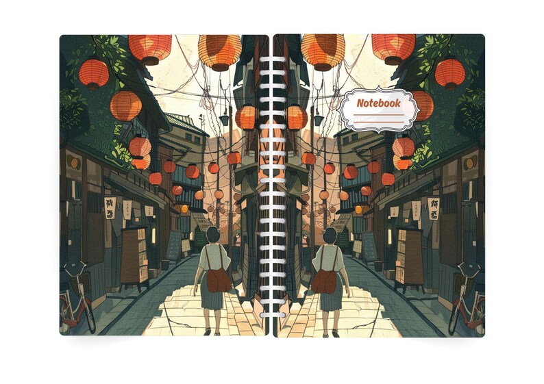 May include: Spiral-bound notebook featuring a detailed illustration of a Japanese street scene. The artwork depicts a person walking down a lantern-lined street. The notebook cover has the word "Notebook" in a decorative label.