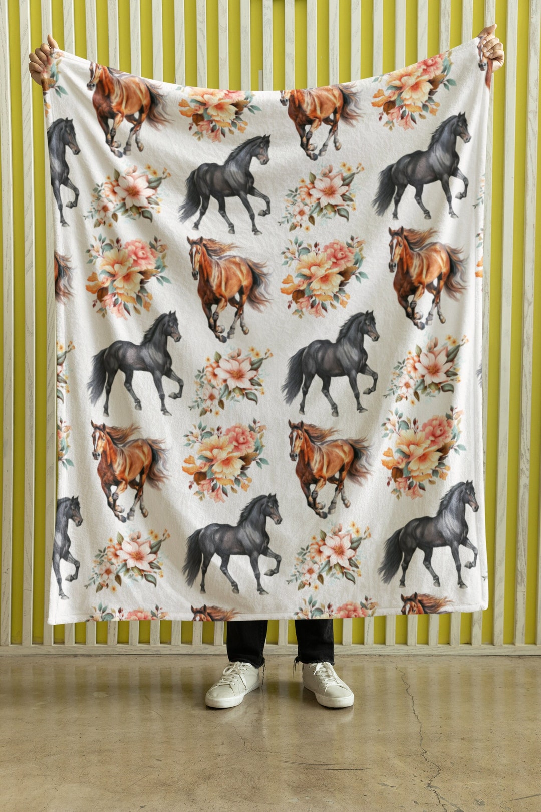Horses Blanket, Horses and Flowers Blanket, Horses Velveteen Minky