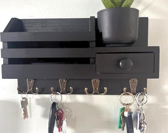Wooden Key Holder Wall Organizer, Small Shelf with Hooks and Drawer, Mail Storage Rack