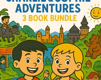 May include: Illustration of a book bundle titled "Charlie & Sophie Adventures." The image features two smiling children in the foreground, with a colorful background depicting various scenes, including a bear, buildings, and a boy riding an animal. The text "3 Book Bundle" is also visible.