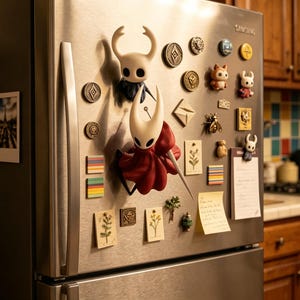 Pode incluir: Uma porta de frigorífico em aço inoxidável adornada com vários ímanes decorativos. Dois ímanes proeminentes retratam personagens com cabeças e chifres brancos, um com uma capa vermelha. Outros ímanes incluem pequenas figuras de animais, formas geométricas e ilustrações botânicas.