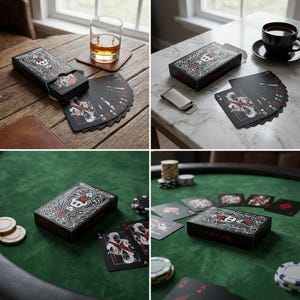 May include: A black deck of playing cards with a skull and decorative design on the box. The cards are fanned out, revealing red and white suit symbols. The box is on a wooden table, and the cards are on a green felt surface.