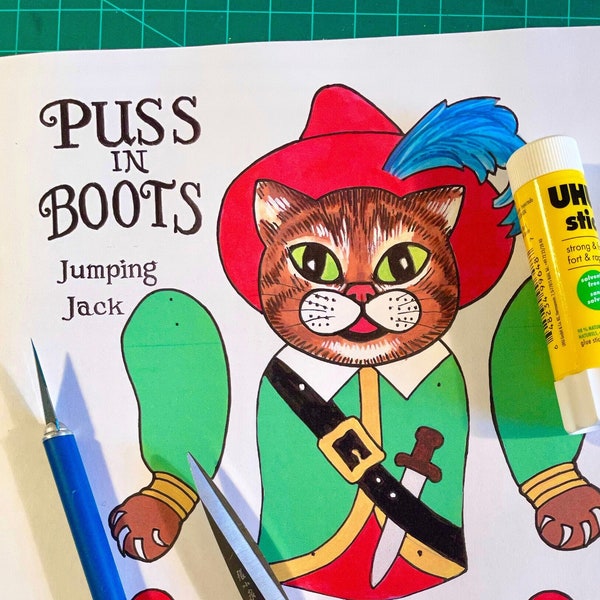 Digitaler Download Puss In Boots Jumping Jack Druckbare Papier Spielzeug Weihnachten