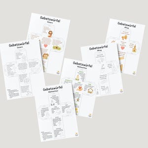 May include: Several white paper sheets with the German word "Gebetswürfel" printed on them. Each sheet has a cross-shaped design with illustrations and text. The sheets are arranged in a scattered layout against a light gray background.