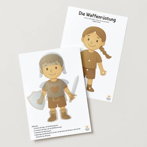 Pode incluir: Dois cartões ilustrados com personagens de desenhos animados. Um cartão mostra uma figura com uma espada, um escudo e um capacete. O outro cartão mostra uma figura com uma trança. O texto "Die Waffenrüstung" está no topo de um cartão.
