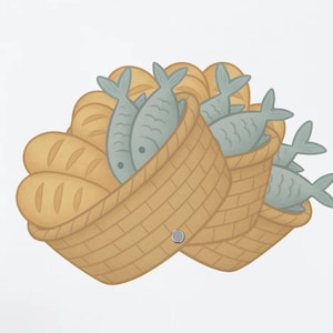 May include: Illustration of two woven baskets filled with fish and loaves of bread. The fish are light blue with dark blue stripes. The bread is golden brown, and the baskets are tan.