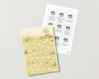 Puede incluir: Dos hojas impresas con un fondo amarillo claro. Una hoja presenta un camino con puntos numerados, una estrella y una pequeña ilustración de una casa. La otra hoja tiene pequeños cuadrados ilustrados con texto. El tema general es un calendario de adviento navideño.