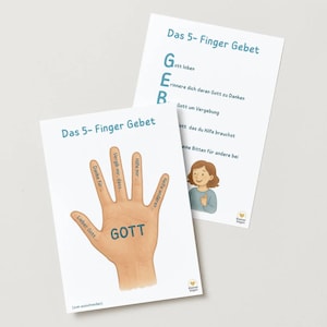 Pode incluir: Dois cartões brancos com o texto "Das 5- Finger Gebet" em azul. Um cartão apresenta uma ilustração de mão com texto em alemão em cada dedo. O outro cartão tem texto em alemão com um desenho de uma menina. Os cartões estão em um fundo branco.