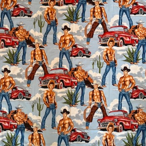 RARE, OOP Cowboy fabric BTY from Alexander Henry. 'Wrangler' 2005 pattern with Blue color background. 4 yards available.