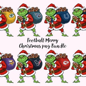May include: A digital illustration featuring a green character dressed in a Santa Claus outfit, holding a football and a sack filled with footballs. The sack displays various NFL team logos. Text reads "Football Merry Christmas png Bundle."