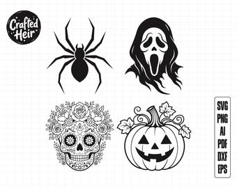 Halloween SVG Bundle, Ghost Face Scream Mask, Spider Silhouette, Floral Sugar Skull, Jack O Lantern, Cricut Cut Files, Png Dxf Eps