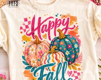 Happy Fall PNG, Floral Pumpkin Sublimation PNG, Boho Fall Shirt Design, Girly Pumpkin PNG, Checkered Fall Sublimation, Retro Autumn Png