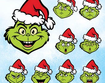 Paquete de archivos SVG de la cara del Grinch, conjunto de imágenes prediseñadas navideñas, archivos PNG del Grinch, archivos de corte para Cricut y Silhouette.
