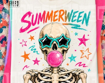 Summerween Skeleton PNG, Colorful Bubblegum Skull Design, Spooky Cute Summer Shirt Graphic, Digital Download