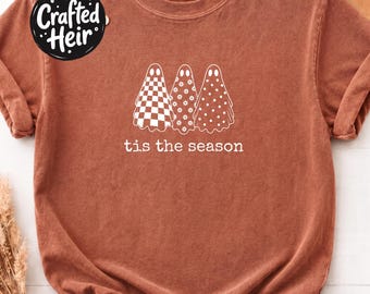 Tis the Season Ghost Trio SVG PNG, Cute Checkered Floral Ghosts, Halloween Fall Shirt Design, Cricut Sublimation Download