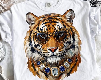 Glam Tiger PNG, Preppy Leopard Sunglasses Sublimation Design, Bling Tiger Graphic
