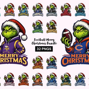 May include: A collection of cartoon Grinch characters wearing Santa hats and football team hoodies, holding footballs. The words "Merry Christmas" are displayed below each image. The text "Football Merry Christmas Bundle" and "32 PNGS" are also present.