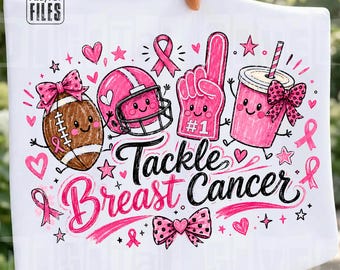 Tackle Breast Cancer PNG Breast Cancer Awareness Doodle Sublimation Design Pink Ribbon Shirt Graphic