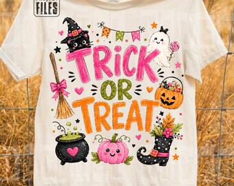 Girly Trick or Treat PNG, Striped Brushstroke Halloween Sublimation, Trendy Ghost Shirt Design, Pumpkin PNG