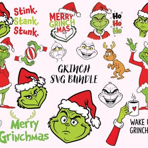 Op de afbeelding: Een verzameling Grinch-thema SVG-afbeeldingen. De afbeeldingen bevatten verschillende Grinch-gezichten, personages en zinnen als "Merry Grinchmas" en "Wake Up Grinches". Het kleurenpalet bestaat uit groen, rood, wit en zwart.