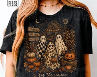 Tis The Season Ghost Trio PNG, Pumpkin Patch Ghost Png, Farmhouse Halloween Sublimation, Checkered Floral Ghost Design, Fall Shirt Png