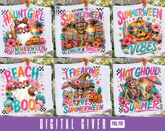 Summerween PNG Bundle, 6 Preppy Halloween Designs, Hot Ghoul Summer, Beach Boo Ghost, Coastal Halloween Sublimation PNG