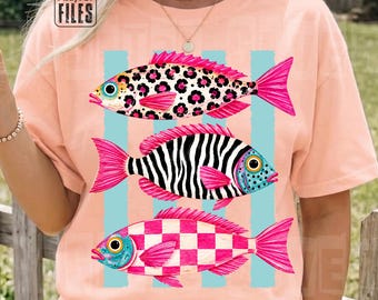 Preppy Coastal Fish PNG Pink Tropical Fish Sublimation Design Girly Beach Shirt Graphic Digital Download