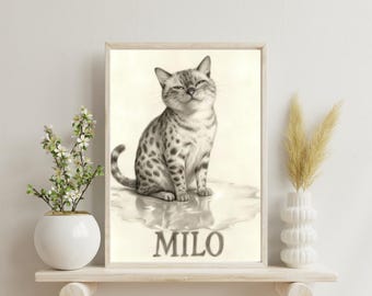 Puede incluir: Un dibujo a lápiz enmarcado de un gato sonriente con pelaje manchado, etiquetado "MILO" en la parte inferior. La obra de arte se exhibe en un estante de madera de color claro, con un jarrón blanco de flores a la izquierda y un jarrón decorativo con plantas secas a la derecha.