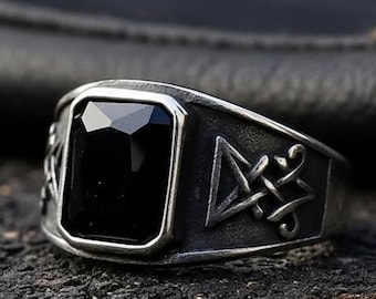 Men's Retro 316L Stainless Steel Lucifer Sigil Ring – Black Stone Punk Occult Band Gift