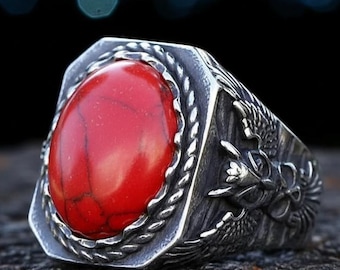 Men's Titanium Steel Dragon Ring with Red Stone Retro Biker Signet Band