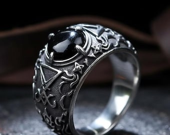 Sigil of Lucifer Ring Men, Retro Goth Occult Jewelry, Stainless Steel Seal of Satan Band, Punk Rock Black Stone Gift