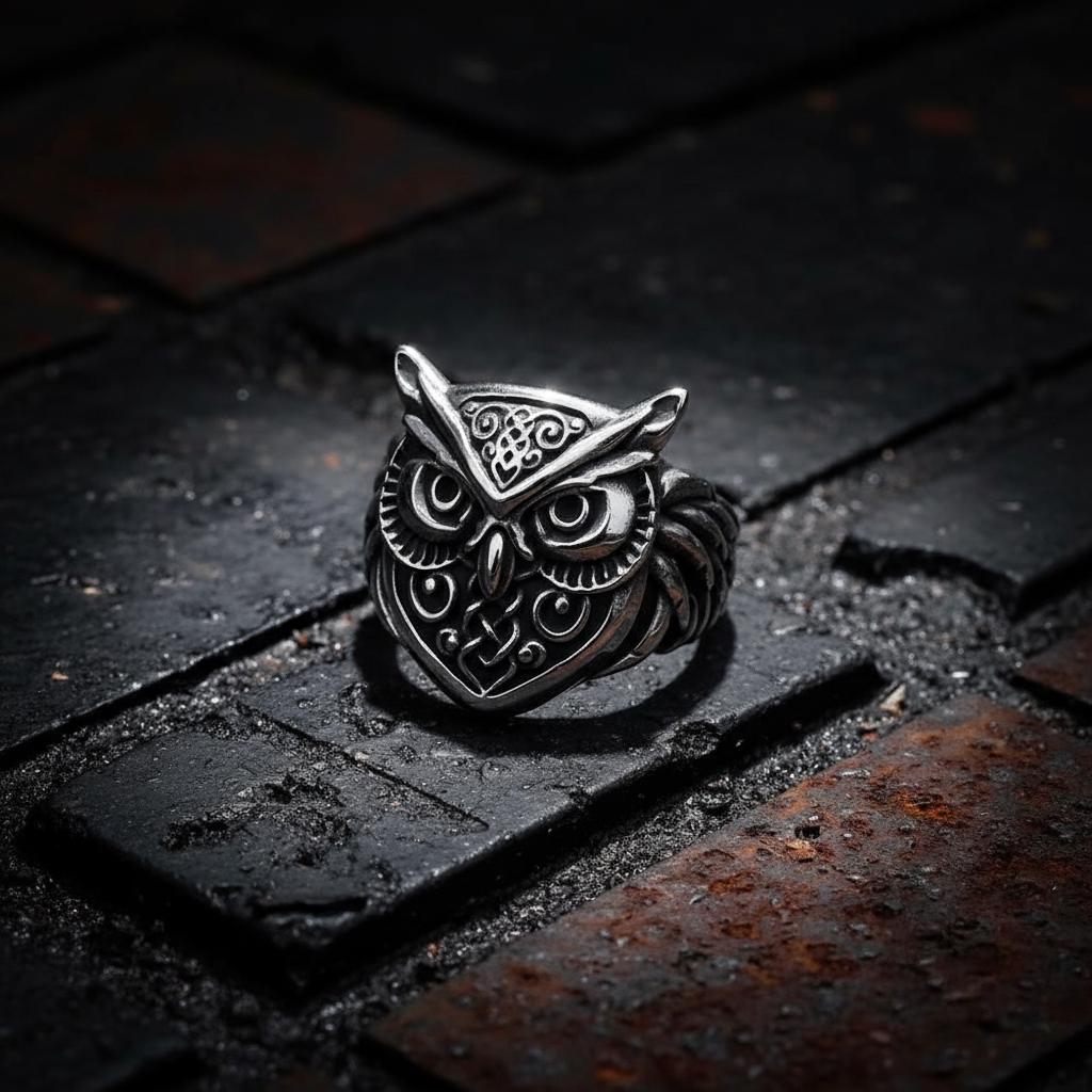 Detailed Owl Head Ring Titanium Steel Celtic Knot Band, Retro Norse Animal Amulet for Men