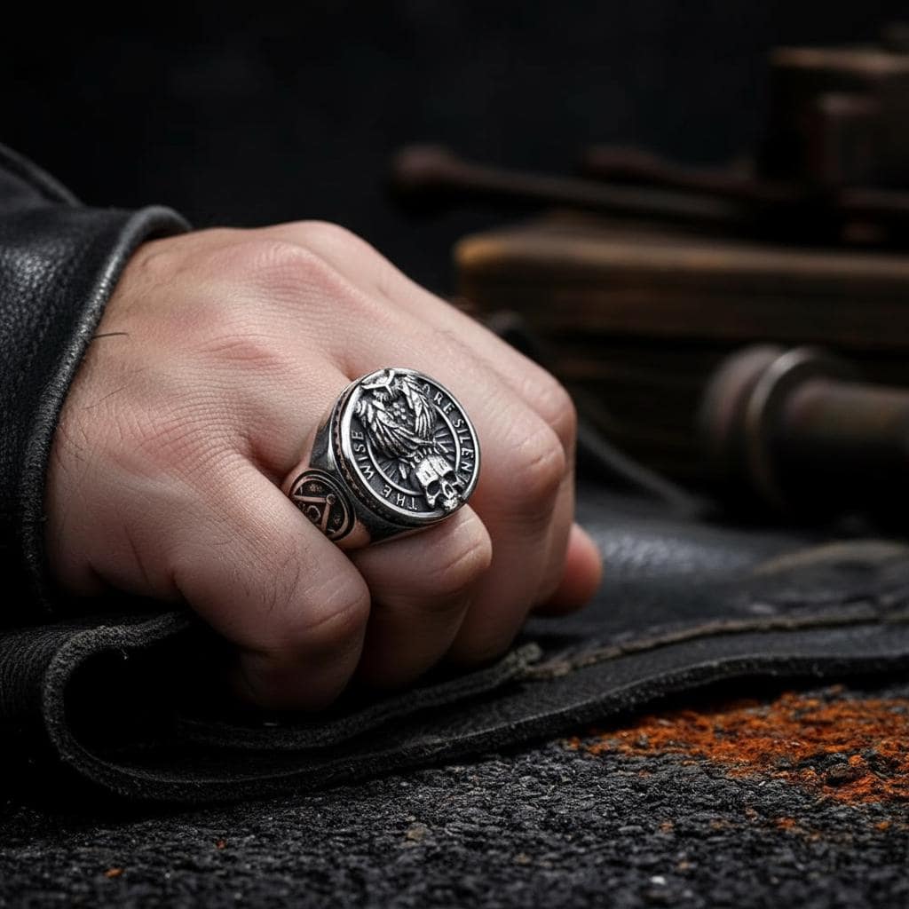 The Wise Are Silent Owl Skull Ring Mens Stainless Steel Masonic Signet Retro Biker Gothic Jewelry St