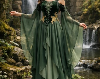 Medieval Elf Dress for Women, Renaissance Costume, Vintage Medieval Gown, Fantasy Cosplay Outfit, Fairy Princess Dress