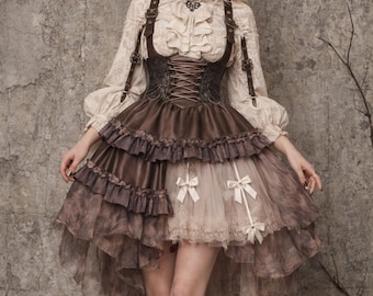 Steampunk Corset Brown Faux Leather & Damask Bustle Victorian Corset Dress High-Low Ruffle Gown, Renaissance Gothic Witchy Long Dress