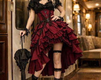 Steampunk Corset  Dress Set | Red wine Gothic Lace Corset, Angelic Fairy Gown, Baroque Valentine Outfit, Renaissance Dress