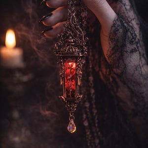 May include: Ornate bronze pendant necklace with a red interior, held against a dark background. The pendant has intricate filigree detailing and a teardrop-shaped crystal. The hand holding the necklace has long, dark nails and is wearing a black lace glove.