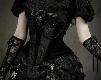 Midnight Empress Gothic Corset Dress Set | Victorian Lace Top, Boned Waist Cincher, Hoop Skirt